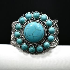 Vintage Silver Tone Cuff Bracelet Turquoise Howlite Cabochon Statement 7"